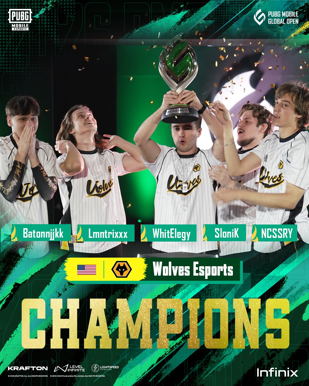 Official Wolves Esports champions artwork showing the team lifting the PMGO trophy