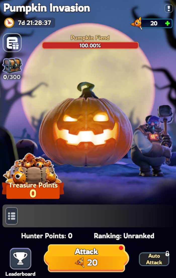 Official Whiteout Survival Pumpkin Invasion screen with a Pumpkin Fiend and attack button