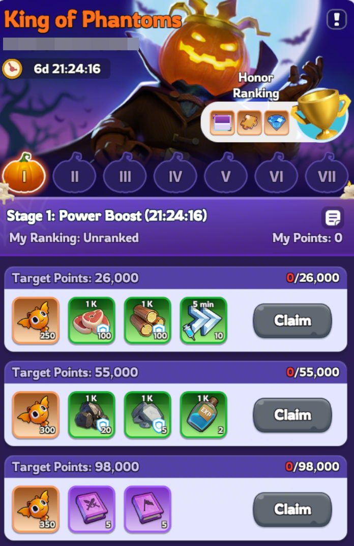 Official Whiteout Survival King of Phantoms screen with stage goals and rewards