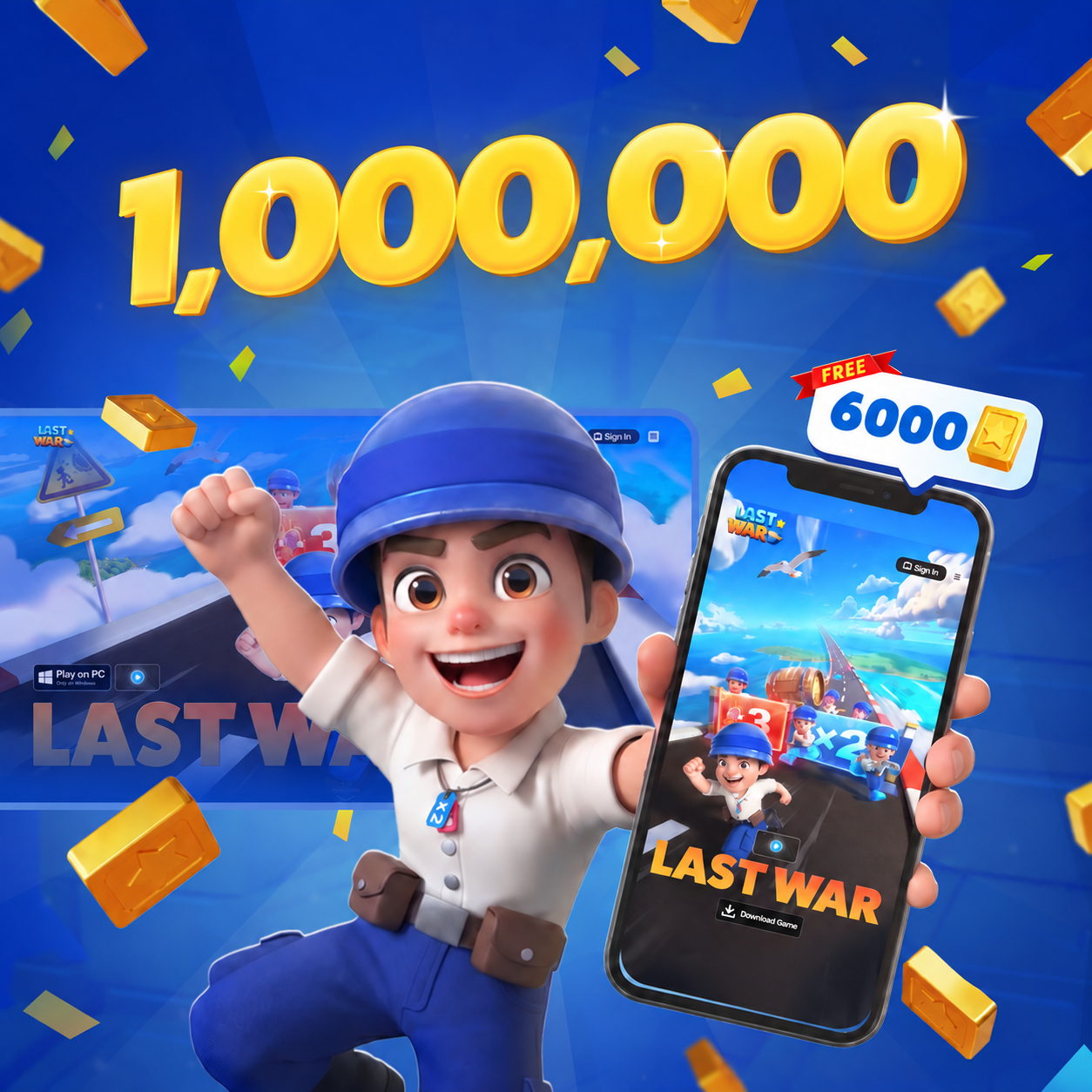 ภาพประชาสัมพันธ์ทางการ Last War ฉลองยอดลงทะเบียนหนึ่งล้านและทองแท่ง 6,000