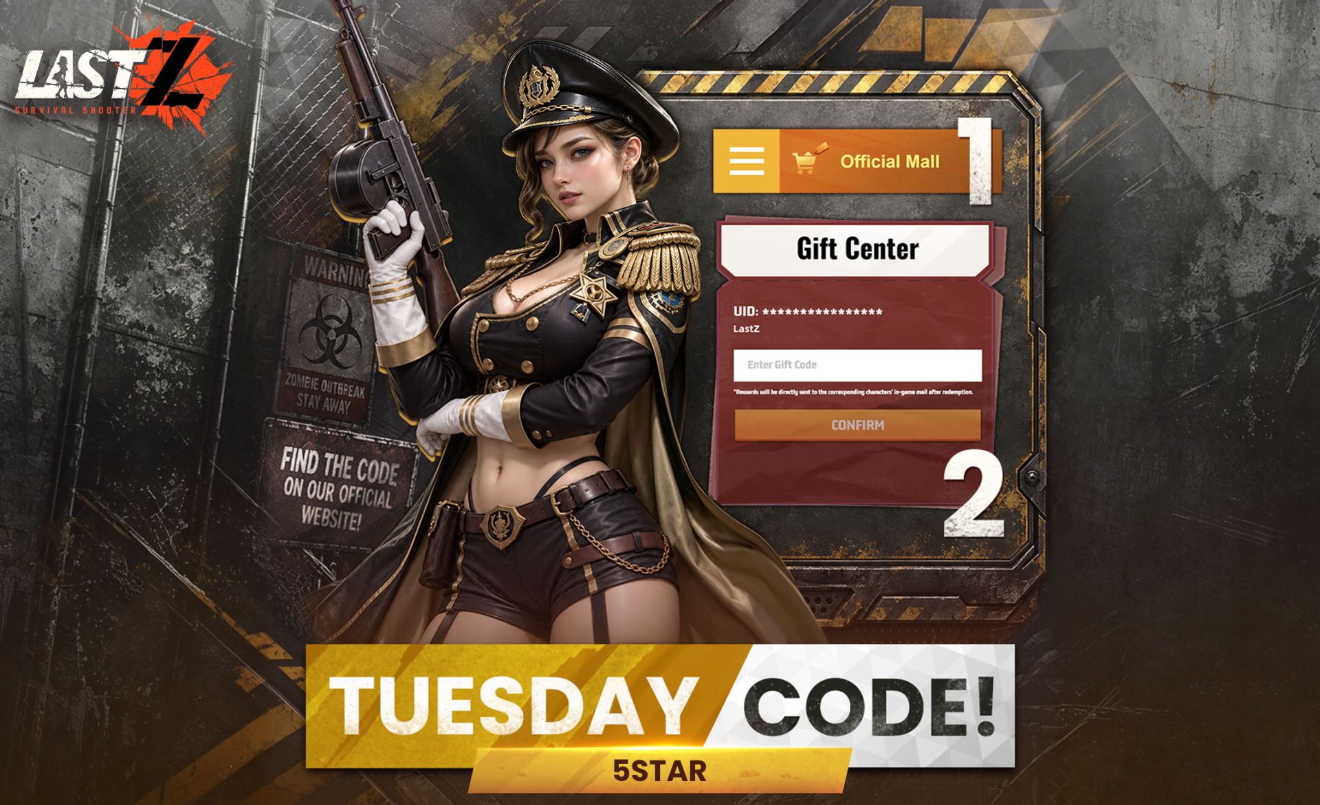 Opisyal na Last Z 5STAR Tuesday Code graphic na nagpapakita ng Gift Center