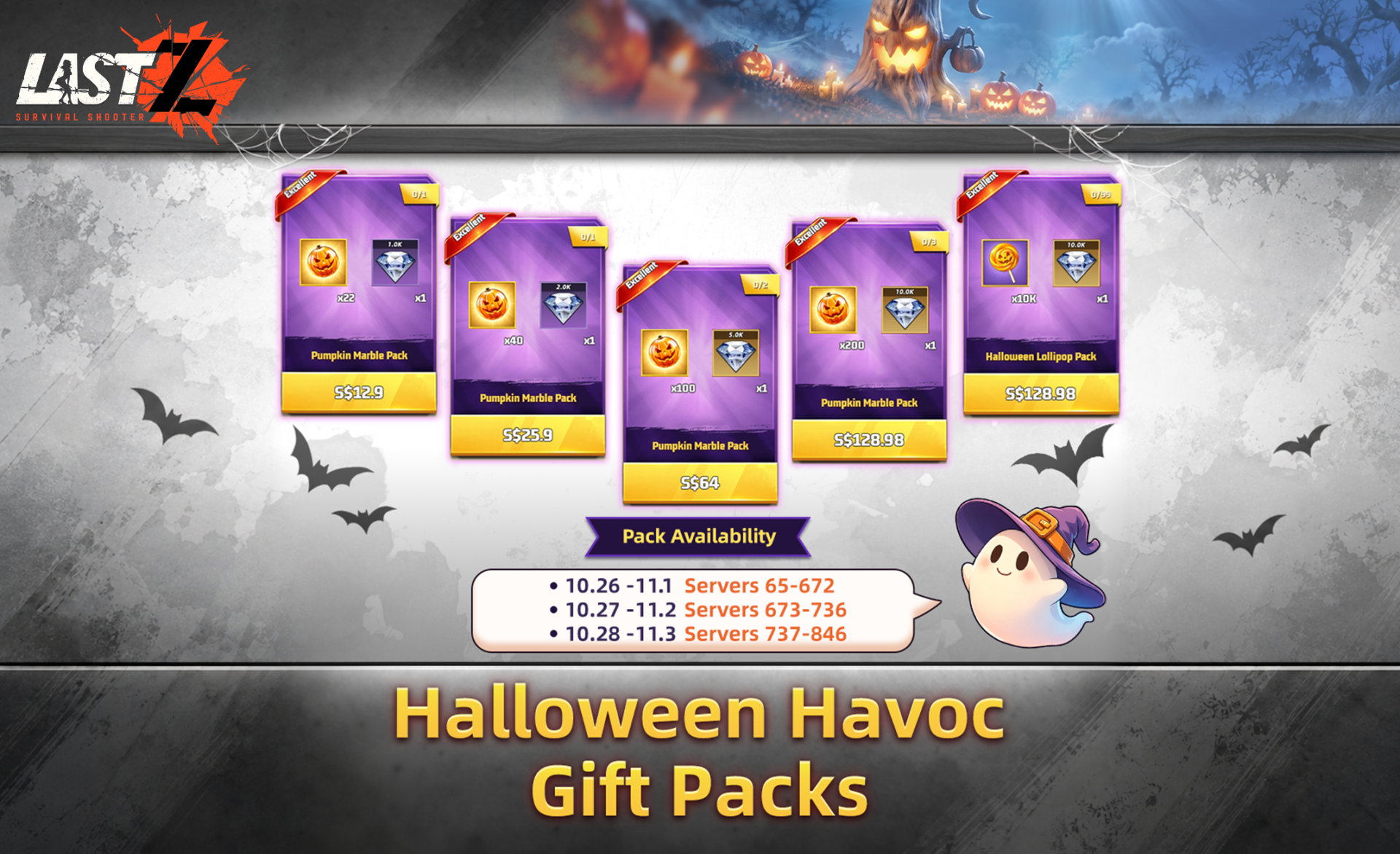 Opisyal na Last Z Halloween Havoc Gift Packs graphic na nagpapakita ng petsa bawat server group