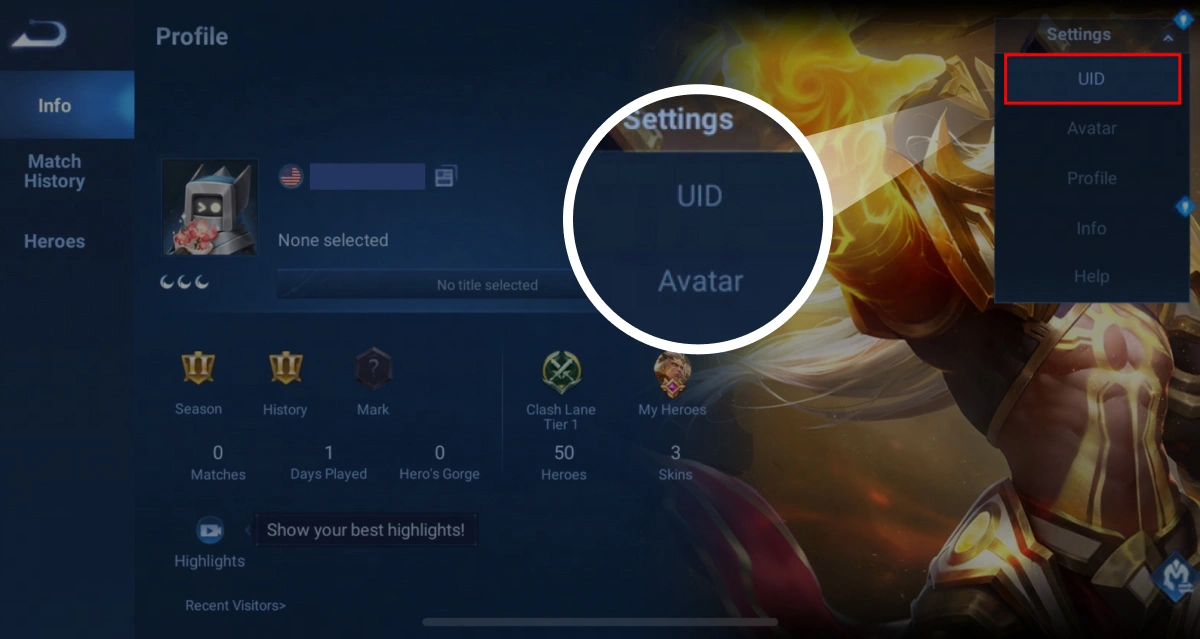 หน้าโปรไฟล์ Honor of Kings ขยายเมนูการตั้งค่าและเลือก UID