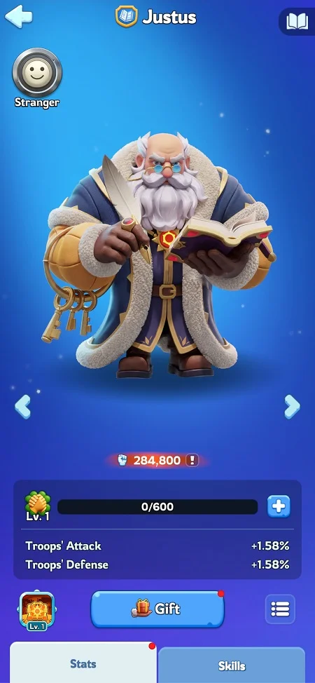 ภาพอ้างอิงหน้า Expert Justus ในเกม แสดงตัวละครและค่าสถานะบางส่วน