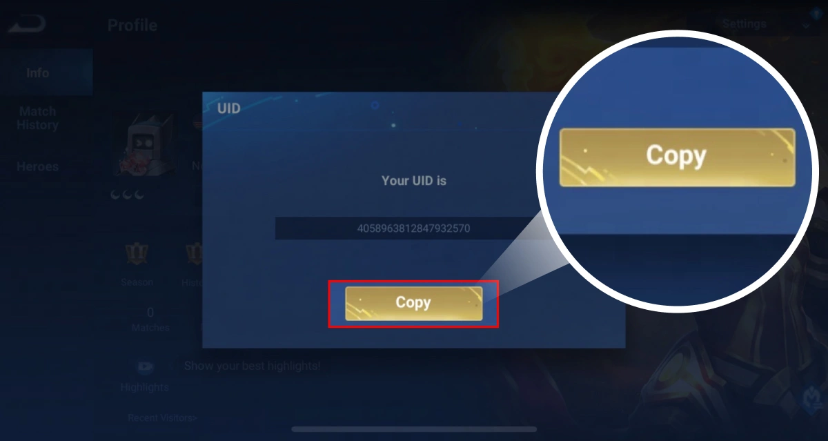 Honor of Kings UID ป๊อปอัปคลิกปุ่ม Copy เพื่อคัดลอก UID