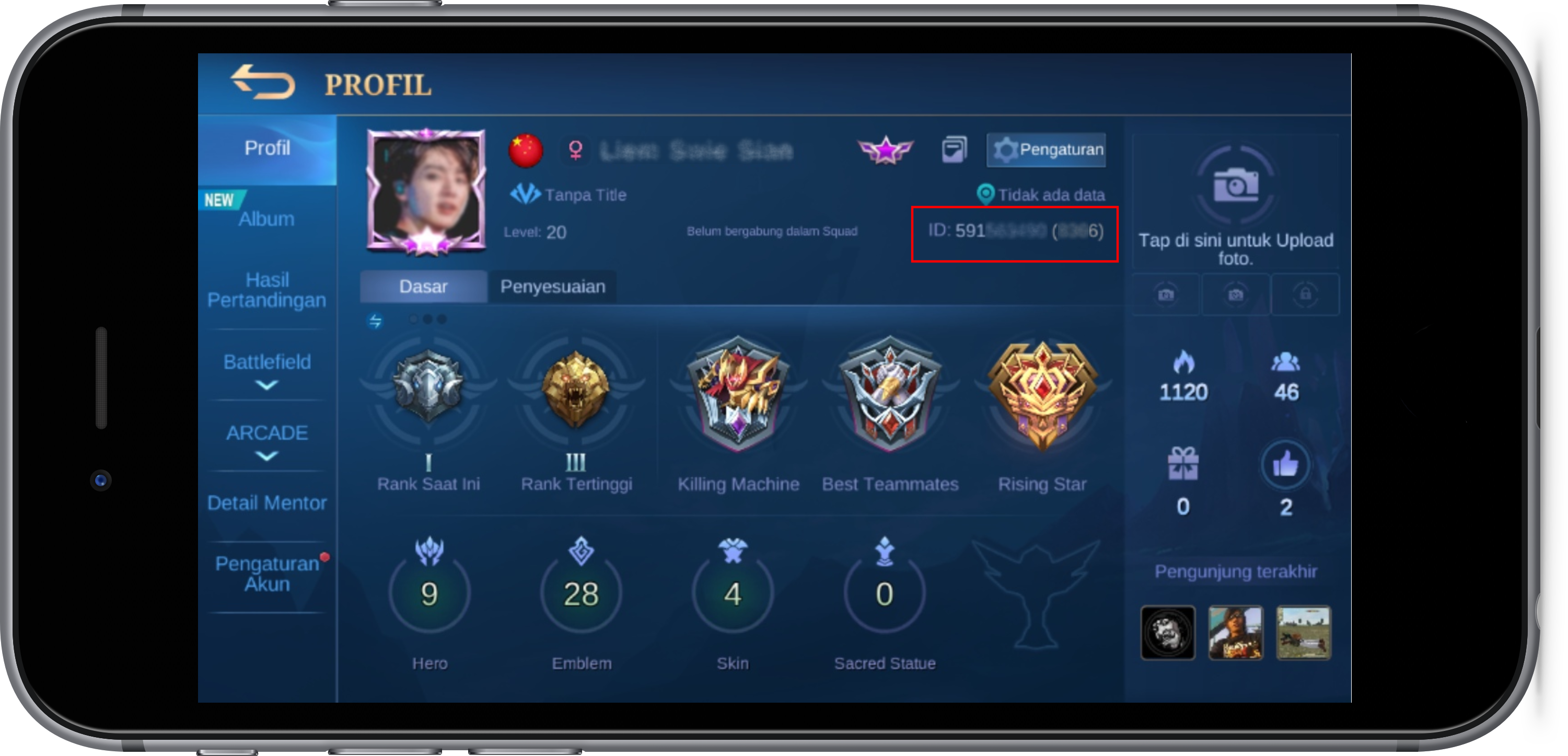 Profil MLBB dengan lokasi User ID dan Zone ID ditandai