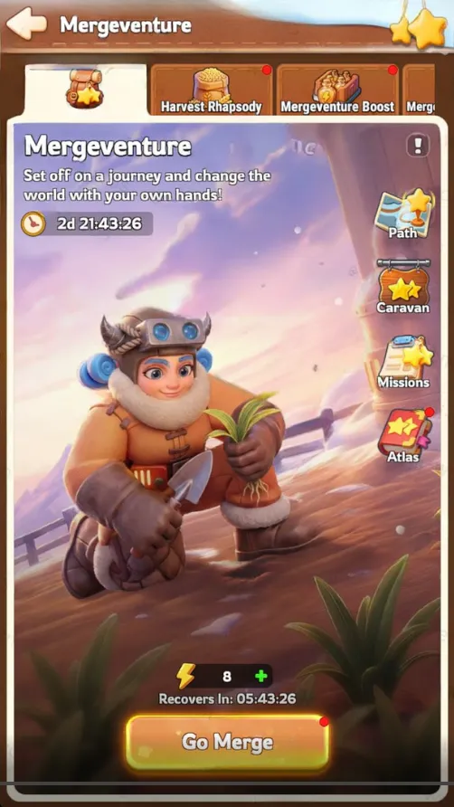 ภาพอ้างอิงทางเข้า Mergeventure แสดง Caravan, Missions และ Atlas